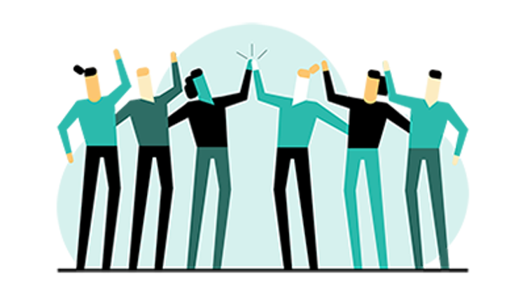 Illustrasjon av seks personer som står sammen og jubler. De to i midten gir hverandre en figh five. 